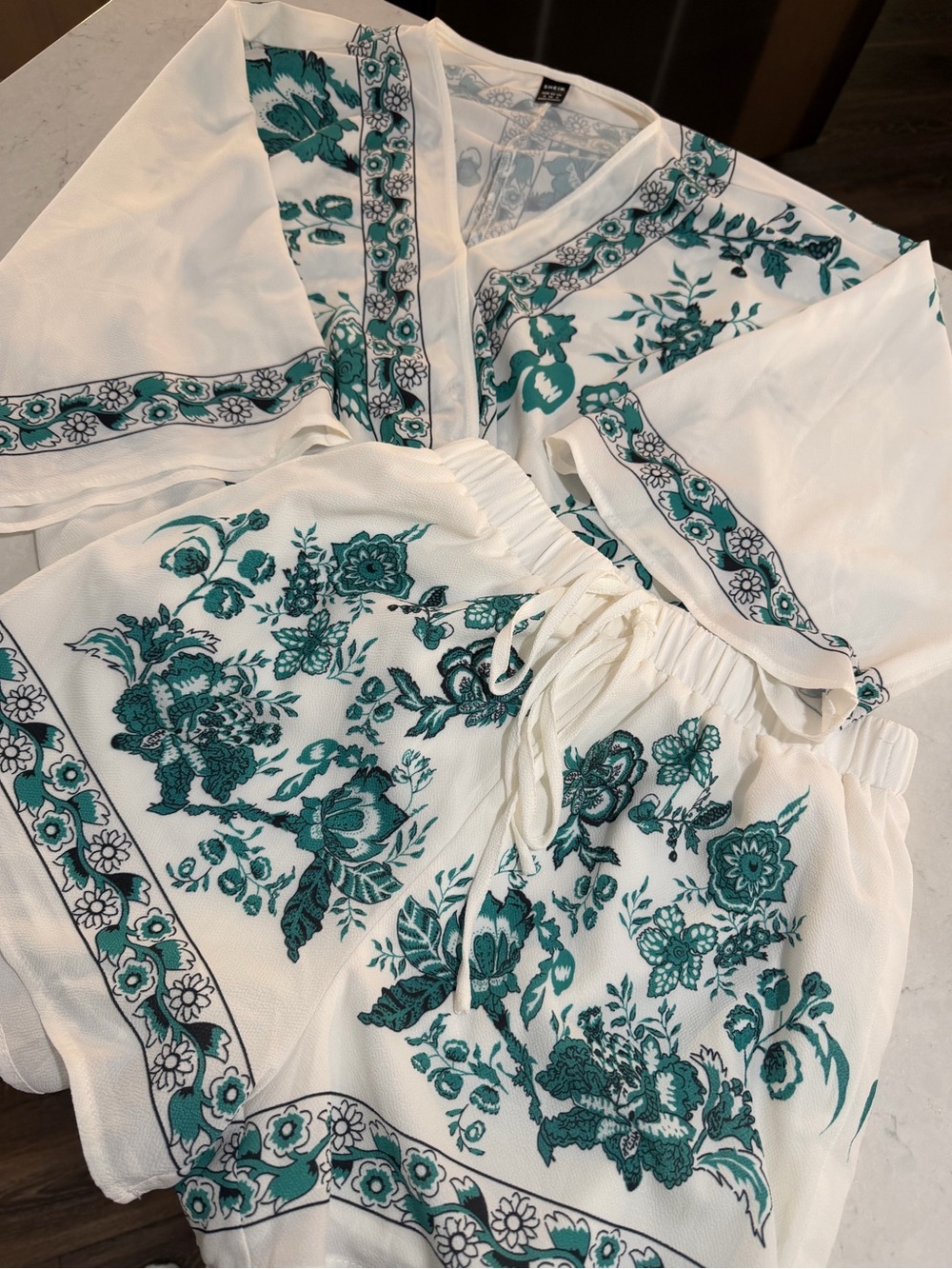 White Shorts and top Set with Teal Floral Print Small resort wear